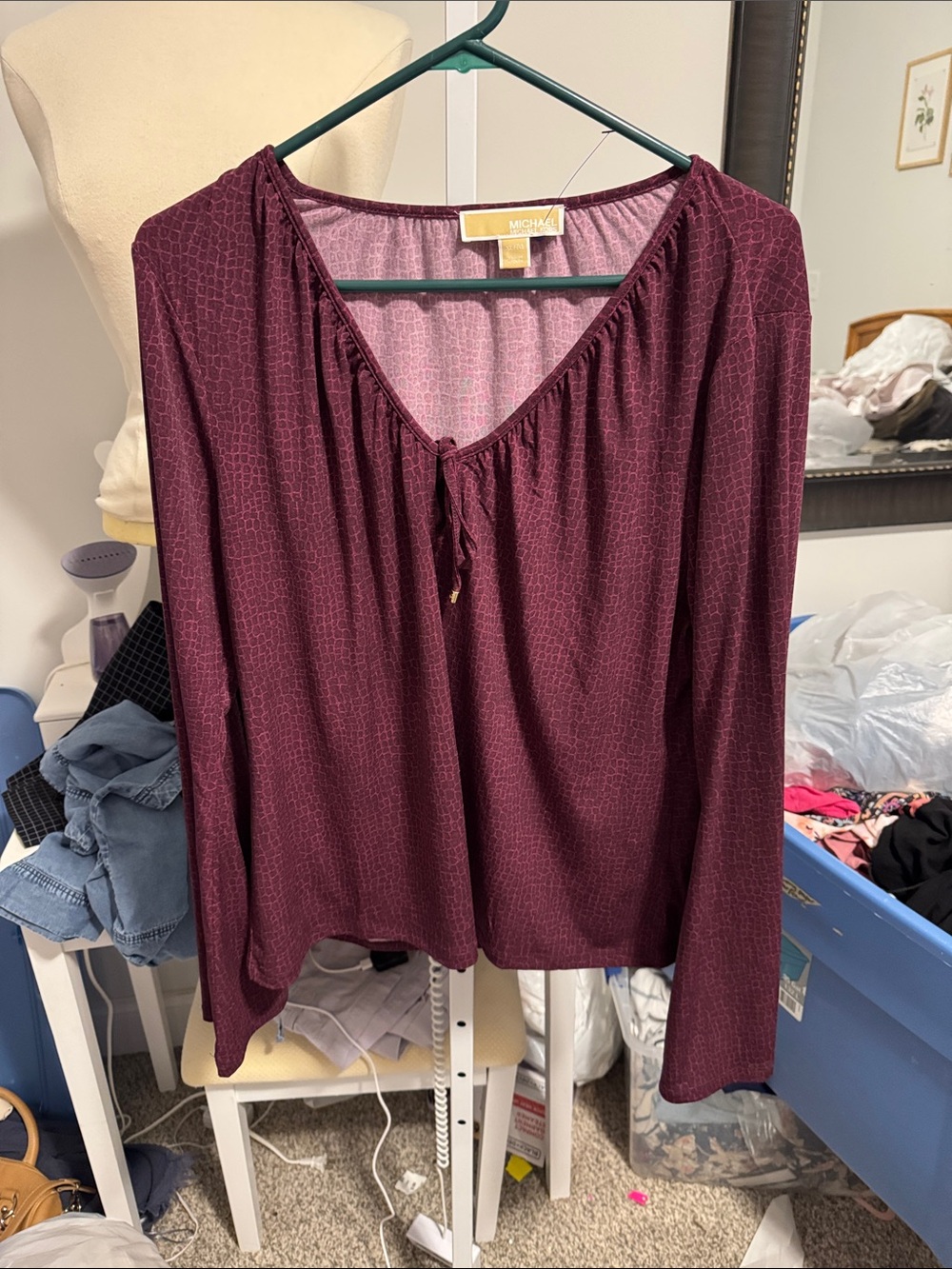 Michael Kors Burgundy Long-Sleeve V-Neck Blouse